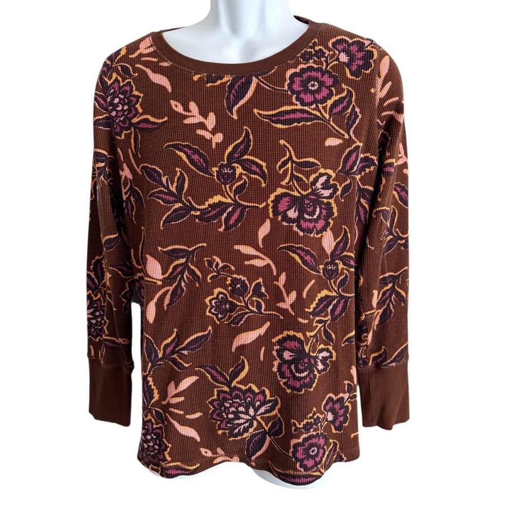 Belle Boho Kim Gravel‎ Women Pullover L Brown Waffle Retro Floral Bohemian Artsy